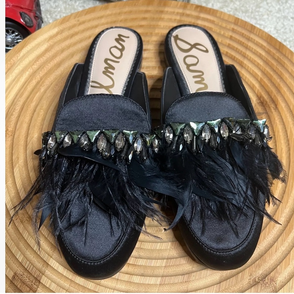 Sam Edelman Black Mules with Feather Embellishments